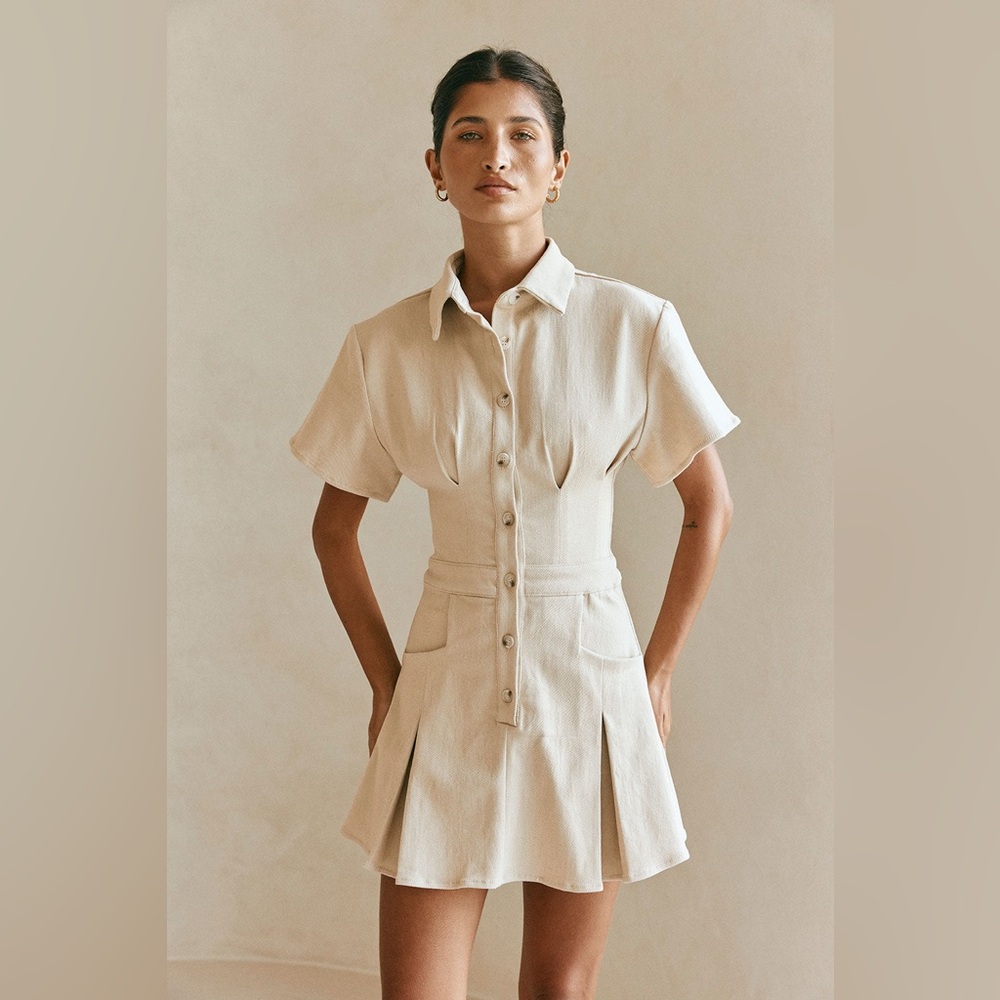 Structured Button-Front Mini Dress in Cream